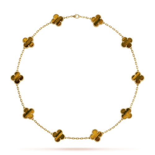 18K Vintage Alhambra Tiger Eye 10 Motifs Necklace