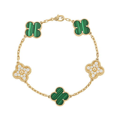 18K Vintage Alhambra Five Motifs Malachite Diamonds Bracelet